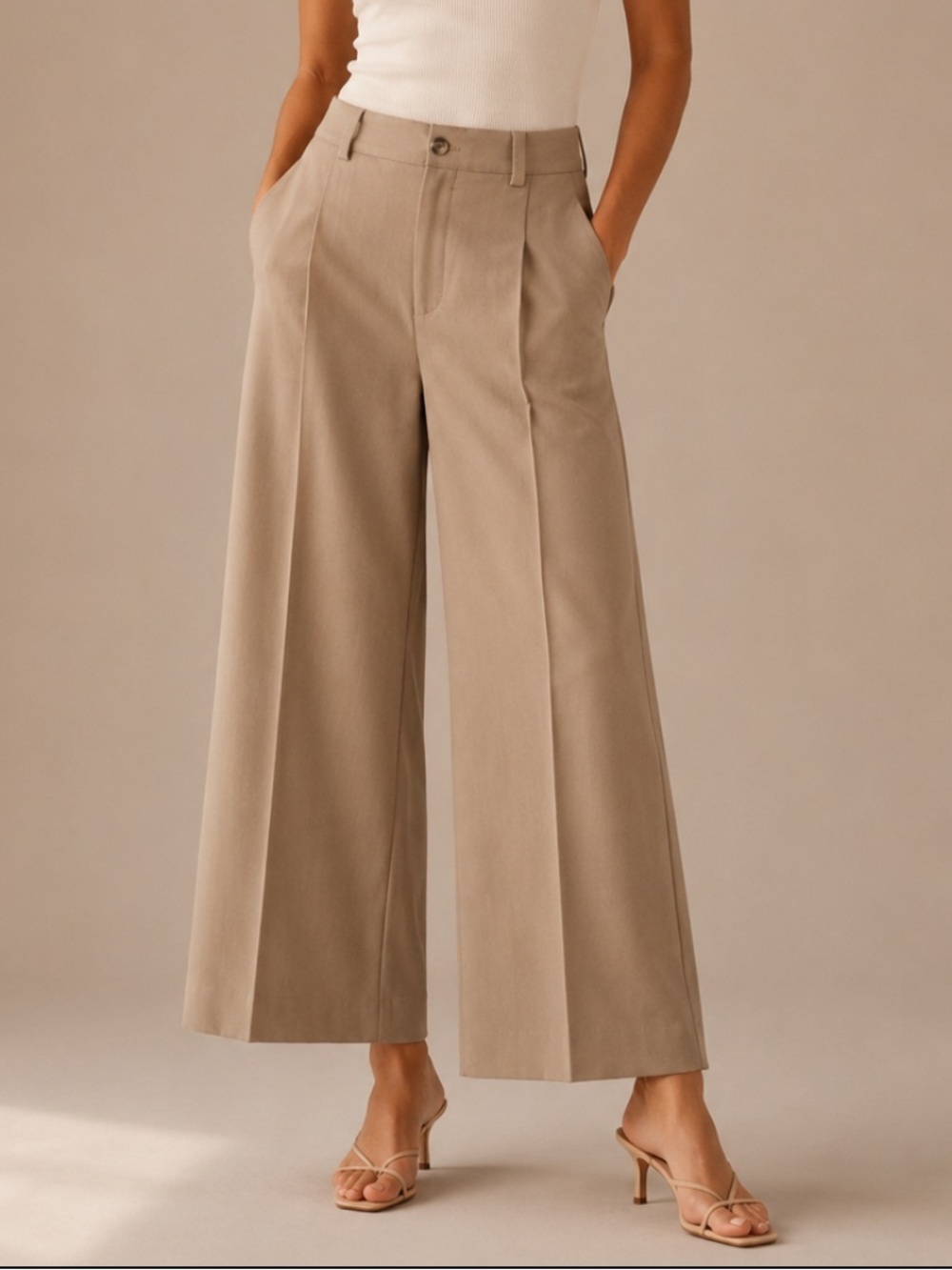 Zara High Rise Wide Leg Cropped Trousers Taupe Size Large